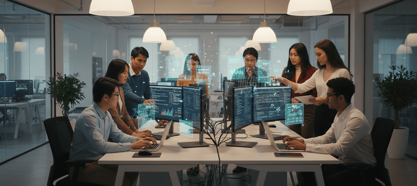 A diverse team of young tech professionals collaborating in a modern workspace